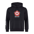 The Roses Rugby Club Hoodie by WRS Canterbury is a black hoodie made from premium fleece, boasting a red and white rose design with "ROSES RUGBY" text on the front. Ideal for rugby club collections, it offers customization to personalize your style.