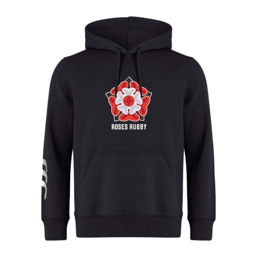 The Roses Rugby Club Hoodie by WRS Canterbury is a black hoodie made from premium fleece, boasting a red and white rose design with "ROSES RUGBY" text on the front. Ideal for rugby club collections, it offers customization to personalize your style.