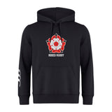 The Roses Rugby Club Hoodie by WRS Canterbury is a black hoodie made from premium fleece, boasting a red and white rose design with "ROSES RUGBY" text on the front. Ideal for rugby club collections, it offers customization to personalize your style.