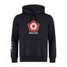 The Roses Rugby Club Hoodie by WRS Canterbury is a black hoodie made from premium fleece, boasting a red and white rose design with "ROSES RUGBY" text on the front. Ideal for rugby club collections, it offers customization to personalize your style.