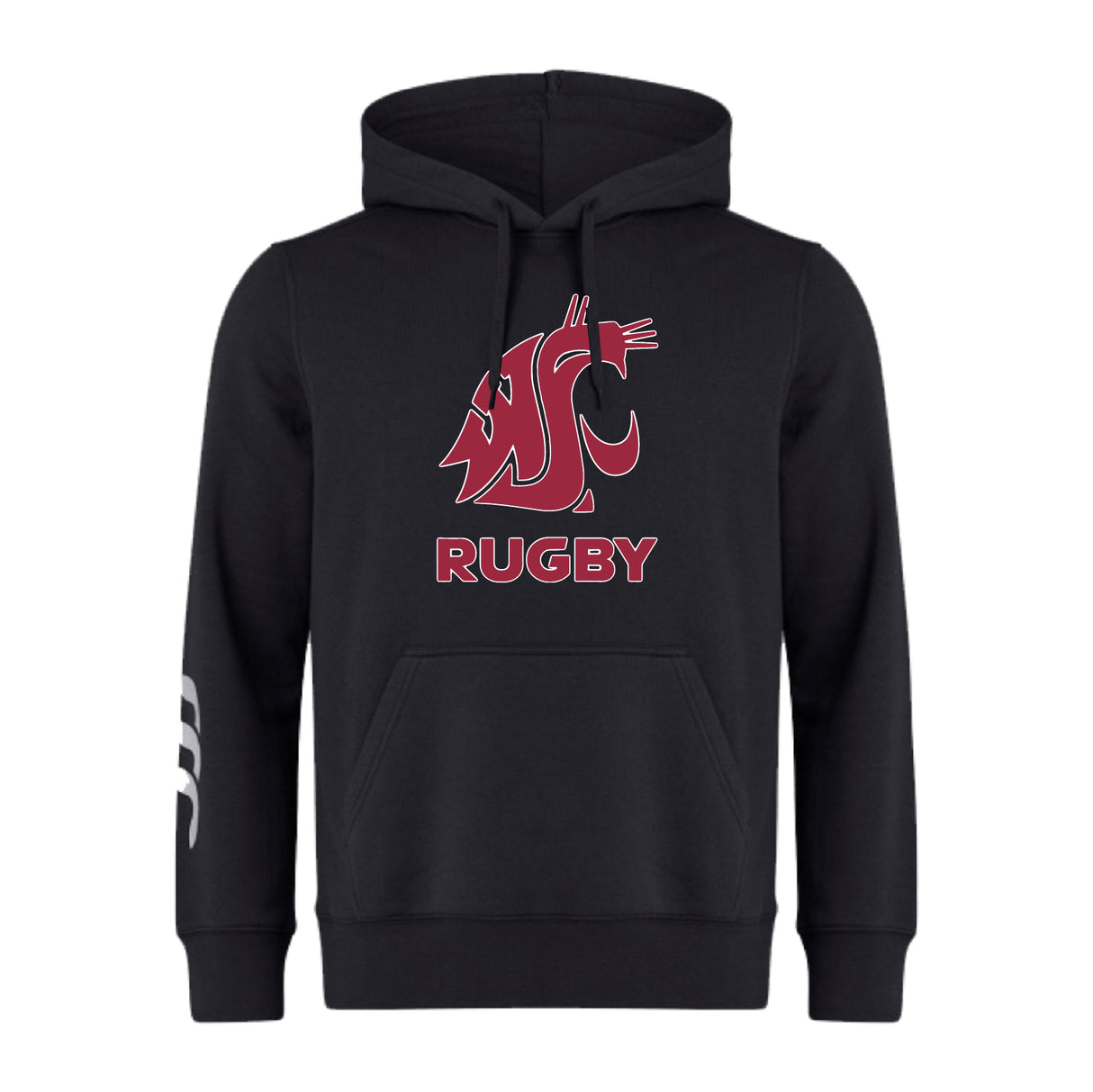 The Washington State University Club Hoodie by WRS Canterbury is a black custom hoodie with a red cougar head logo, "WSU" and "RUGBY" in bold, plus white stripes on the left sleeve for standout team branding.