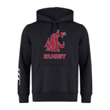 The Washington State University Club Hoodie by WRS Canterbury is a black custom hoodie with a red cougar head logo, "WSU" and "RUGBY" in bold, plus white stripes on the left sleeve for standout team branding.