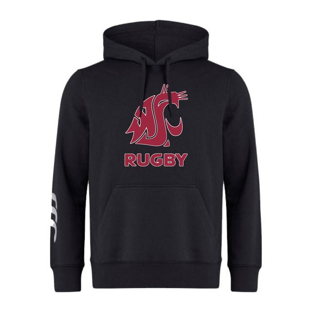 The Washington State University Club Hoodie by WRS Canterbury is a black custom hoodie with a red cougar head logo, "WSU" and "RUGBY" in bold, plus white stripes on the left sleeve for standout team branding.