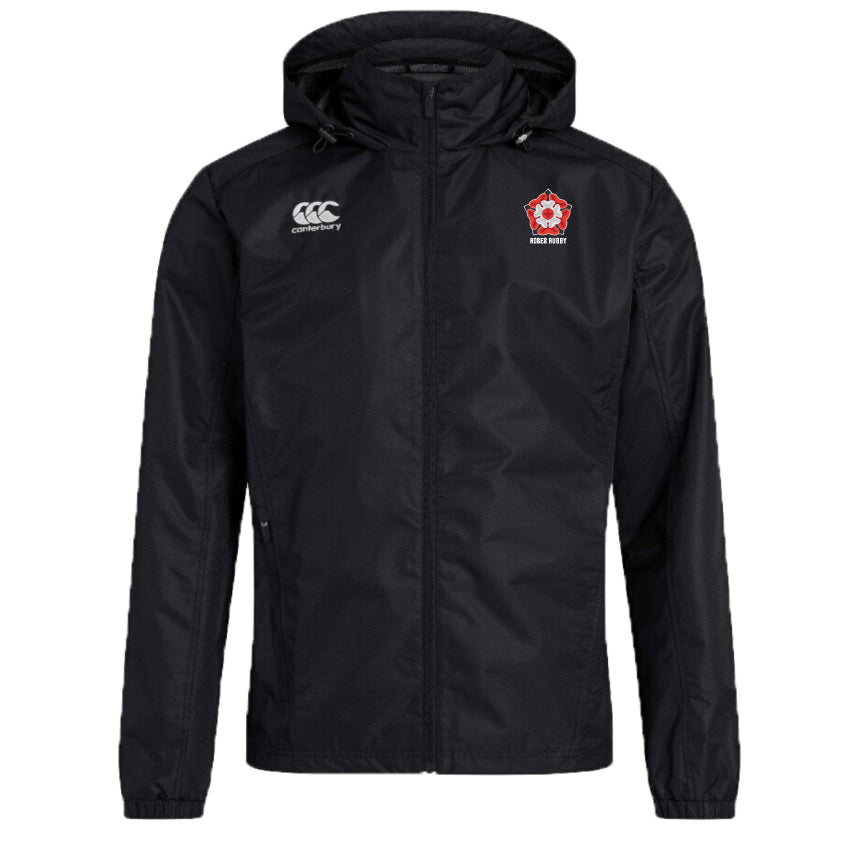 The Roses Rugby Club Vaposhield Stadium Jacket by EMB Canterbury is black, hooded, and sports the Canterbury logo on the right and a rose emblem on the left chest. Featuring Vaposhield Technology, it's water-repellent for rainy weather protection.