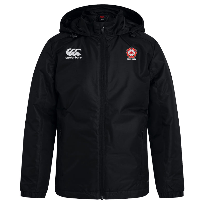 The Roses Rugby Club Vaposhield Full Zip Rain Jacket by EMB Canterbury features a black hood, Canterbury logo on the left chest, red emblem on the right chest, and VapoShield Technology for water resistance.