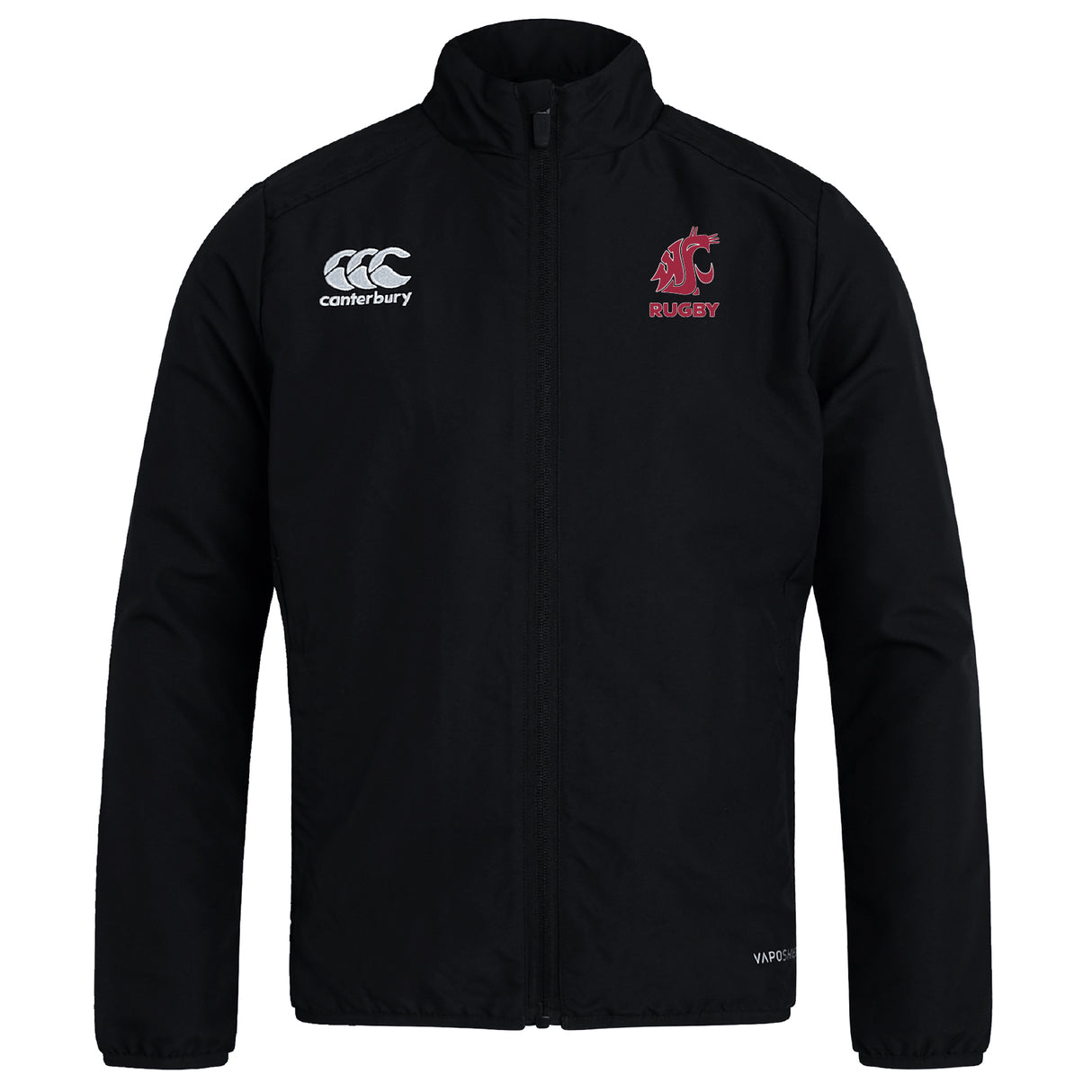 The Washington State University Club Track Jacket by Canterbury features a front zipper, "Rugby" text, and Cougars logo on the left chest. This lightweight black EMB Canterbury jacket is perfect for showing your team spirit.