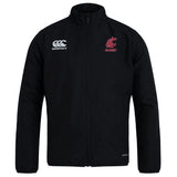 The Washington State University Club Track Jacket by Canterbury features a front zipper, "Rugby" text, and Cougars logo on the left chest. This lightweight black EMB Canterbury jacket is perfect for showing your team spirit.