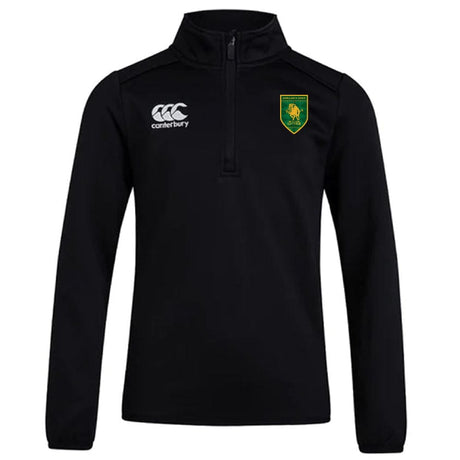 The Riverlands Rugby Club 1/4 Zip Mid Layer Training Top by EMB Canterbury is a black long-sleeve pullover with a white Canterbury logo and green-and-yellow lion crest—ideal for rugby training or casual wear.