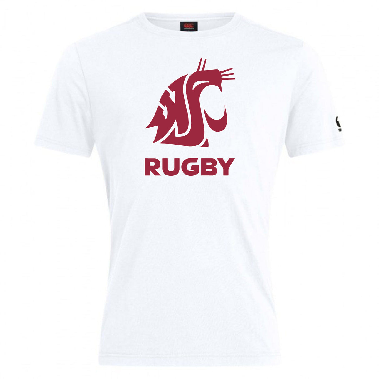The WRS Canterbury Washington State University Club Plain Tee features a white cotton blend with a maroon cougar head logo above bold, all-caps "RUGBY.