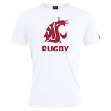 The WRS Canterbury Washington State University Club Plain Tee features a white cotton blend with a maroon cougar head logo above bold, all-caps "RUGBY.