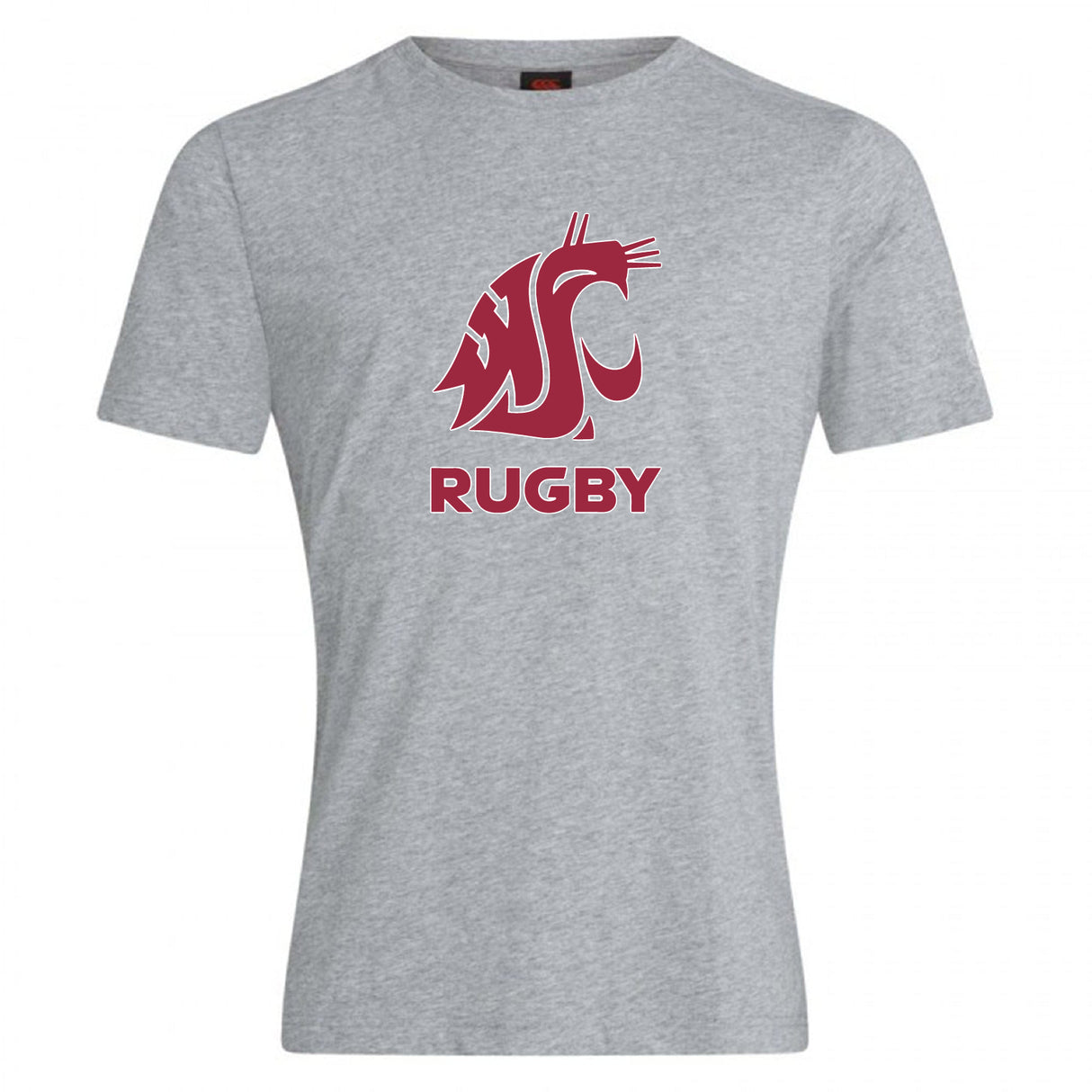 The WRS Canterbury Washington State University Club Plain Tee is a gray cotton blend featuring the maroon cougar logo above bold maroon "RUGBY" lettering.