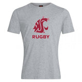 The WRS Canterbury Washington State University Club Plain Tee is a gray cotton blend featuring the maroon cougar logo above bold maroon "RUGBY" lettering.