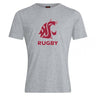 The WRS Canterbury Washington State University Club Plain Tee is a gray cotton blend featuring the maroon cougar logo above bold maroon "RUGBY" lettering.