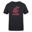 The Washington State University Club Plain Tee by Canterbury, from WRS Canterbury, is a black cotton blend shirt featuring a stylized red cougar head above "RUGBY" in bold block letters.