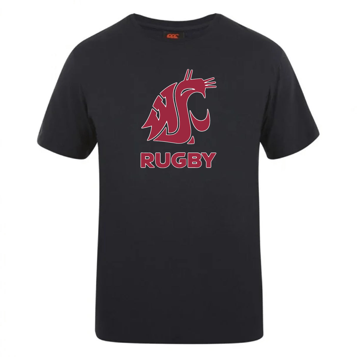 The Washington State University Club Plain Tee by Canterbury, from WRS Canterbury, is a black cotton blend shirt featuring a stylized red cougar head above "RUGBY" in bold block letters.