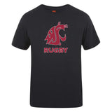 The Washington State University Club Plain Tee by Canterbury, from WRS Canterbury, is a black cotton blend shirt featuring a stylized red cougar head above "RUGBY" in bold block letters.