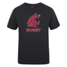 The Washington State University Club Plain Tee by Canterbury, from WRS Canterbury, is a black cotton blend shirt featuring a stylized red cougar head above "RUGBY" in bold block letters.