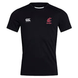 The Washington State University Club Dry Tee by EMB Canterbury is a black short-sleeve rugby shirt with a white Canterbury logo on the right chest and a red cougar emblem on the left, featuring Vapodri Technology for moisture wicking comfort.