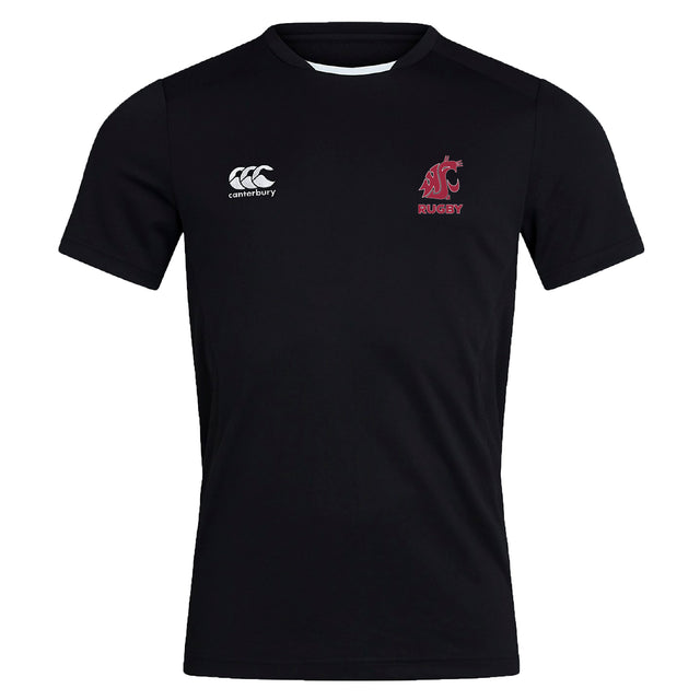The Washington State University Club Dry Tee by EMB Canterbury is a black short-sleeve rugby shirt with a white Canterbury logo on the right chest and a red cougar emblem on the left, featuring Vapodri Technology for moisture wicking comfort.