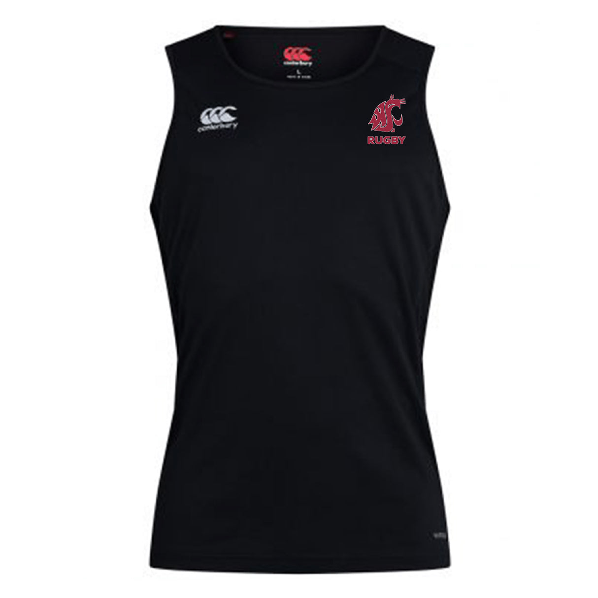 The EMB Canterbury Washington State University Club Dry Singlet is a black sleeveless athletic shirt with Vapodri Technology, featuring a red WSU Cougars rugby logo on the left chest and Canterbury logo on the right—perfect for peak performance.