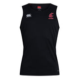 The EMB Canterbury Washington State University Club Dry Singlet is a black sleeveless athletic shirt with Vapodri Technology, featuring a red WSU Cougars rugby logo on the left chest and Canterbury logo on the right—perfect for peak performance.