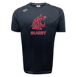 The Washington State University Tempo Vapodri T-Shirt by WRS Canterbury features black short sleeves, a red cougar head and "RUGBY" on the front, CCC logos on collar and shoulder, and moisture-wicking fabric to keep you cool during play.