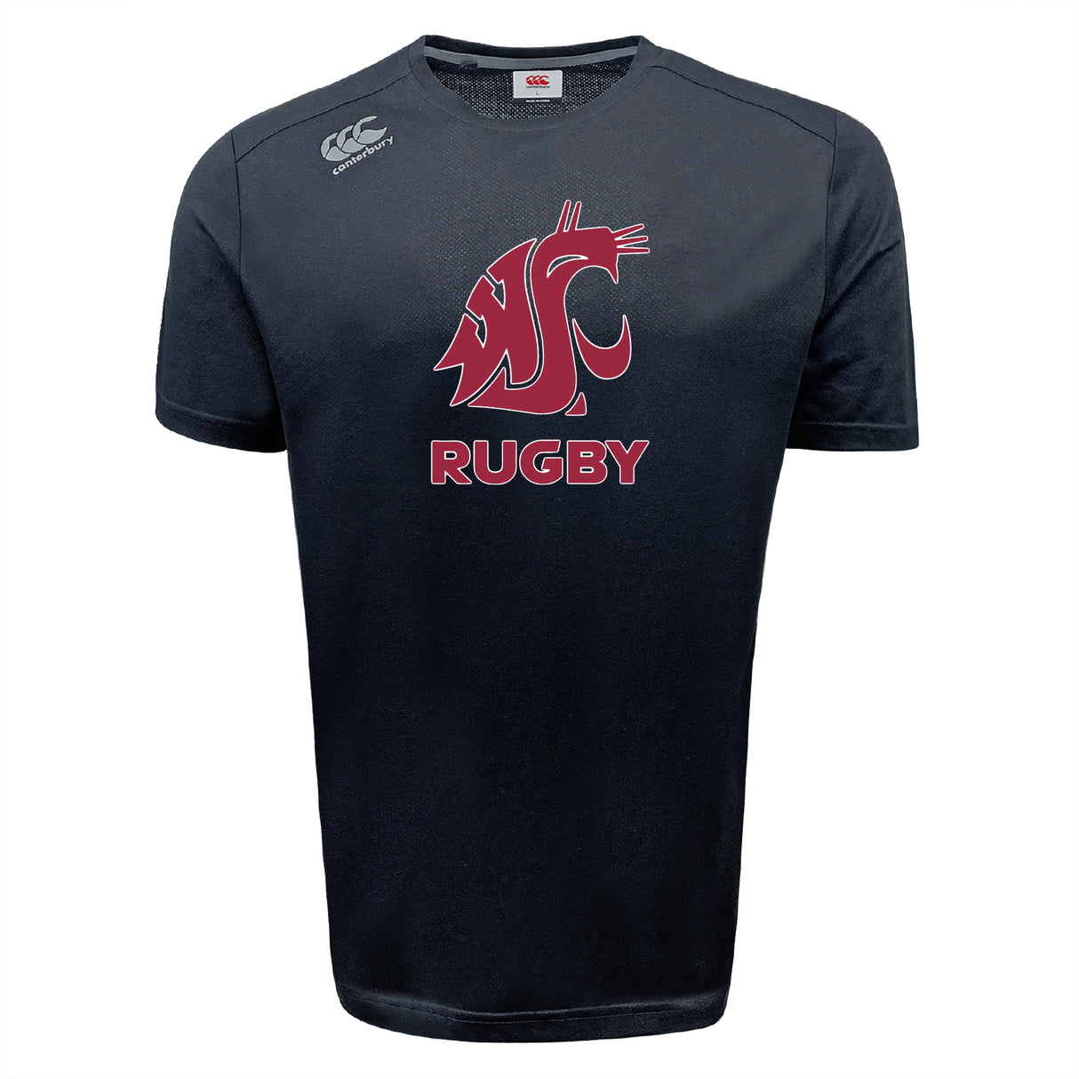 The Washington State University Tempo Vapodri T-Shirt by WRS Canterbury features black short sleeves, a red cougar head and "RUGBY" on the front, CCC logos on collar and shoulder, and moisture-wicking fabric to keep you cool during play.