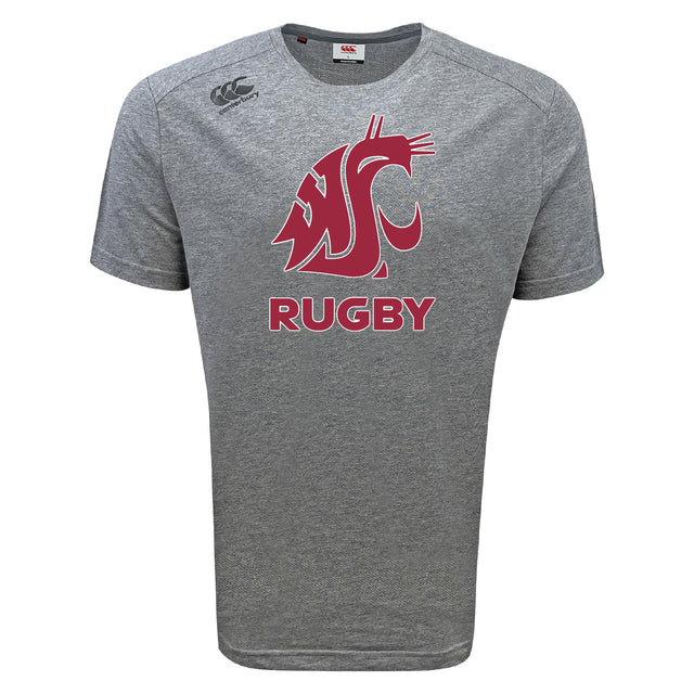 The Washington State University Tempo Vapodri T-Shirt by WRS Canterbury is a grey short-sleeve sports tee with a red and white cougar logo and "RUGBY" on the front, made from moisture-wicking fabric for all-day comfort.