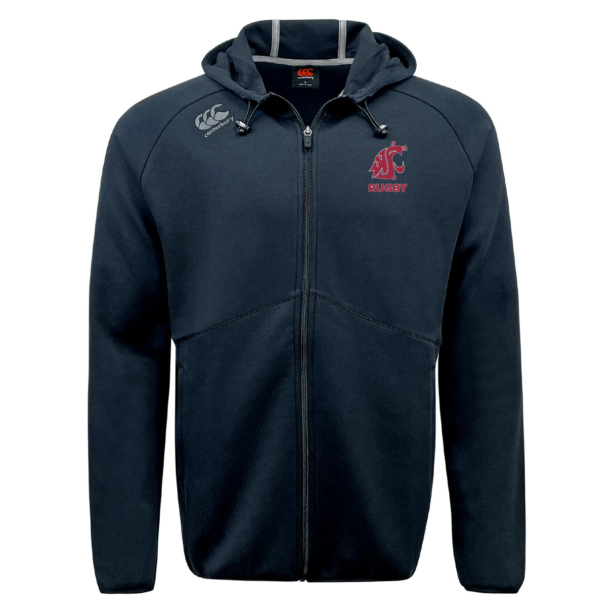 The Washington State University Tempo Vapodri Full-Zip Hoodie by EMB Canterbury features a "WSU Rugby" logo on the left chest, a white Canterbury logo on the right shoulder, and moisture-wicking fabric for comfort and style.