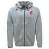 Stay comfortable and stylish in the EMB Canterbury Washington State University Tempo Vapodri Full-Zip Hoodie, featuring a light grey design, hood with drawstrings, red "WSU Rugby" logo, black CCC logo, and moisture-wicking fabric.