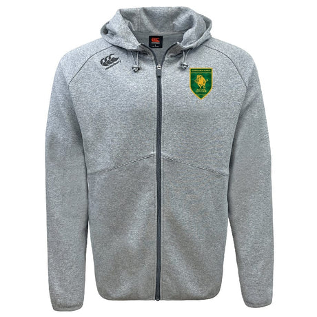 The Riverlands Rugby Tempo Vapodri Full-Zip Hoodie by EMB Canterbury is a grey hoodie with a hood, black zipper, chest logos (Canterbury & green-yellow crest), and VapoDri moisture-wicking tech for comfort.