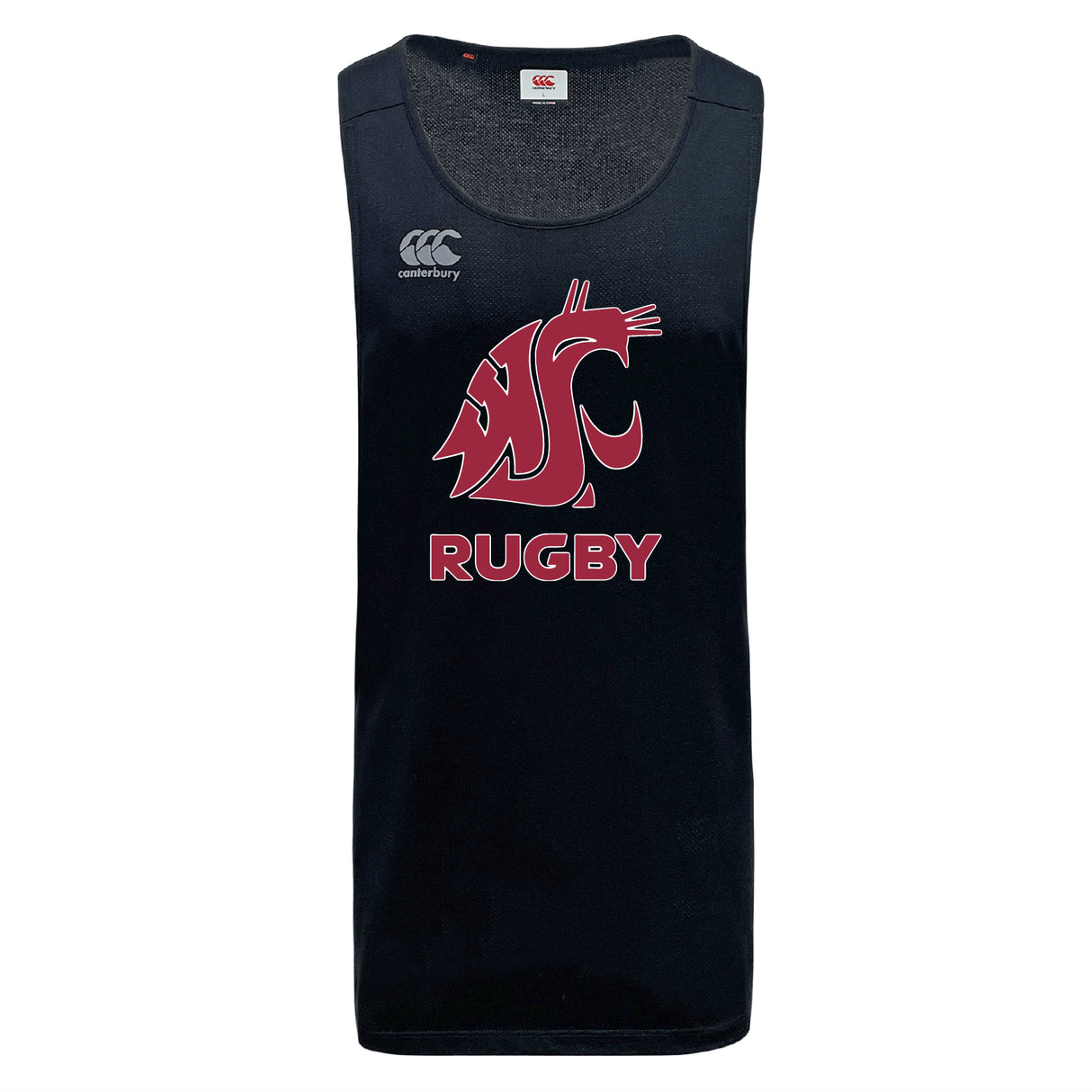 The Washington State University Tempo Vapodri Singlet by WRS Canterbury is a black, sleeveless rugby jersey featuring a stylized cougar head and "RUGBY" in red, with the Canterbury logo on the chest. Made with VapoDri technology for moisture management.
