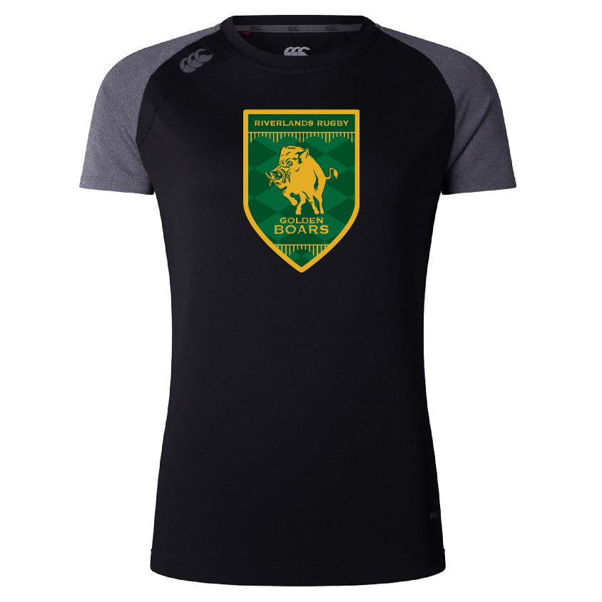 The Riverlands Rugby Women's Elite Training Tee by WRS Canterbury is a black and gray sports shirt made from lightweight recycled polyester, featuring a bold green and gold "Riverlands Rugby Golden Boars" boar logo on the chest.