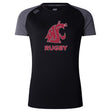 The WRS Canterbury Washington State University Women's Elite Training Tee is a black and dark gray moisture-wicking shirt featuring a red cougar head logo and "RUGBY" on the front—ideal for intense workouts.