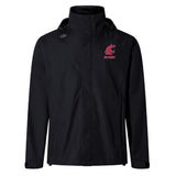 The Washington State University Elite Storm Jacket by EMB Canterbury is a black hooded jacket with the cougar logo and "Rugby" in red on the left chest.