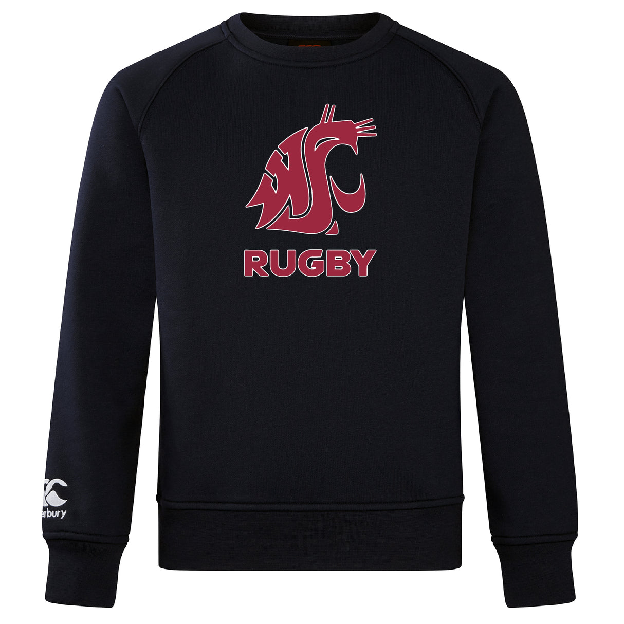 The Washington State University Club Crew Sweatshirt by WRS Canterbury is a black ultra-soft sweatshirt with a maroon WSU cougar head logo and "RUGBY" on the chest, plus an embroidered CCC logo on the left sleeve.
