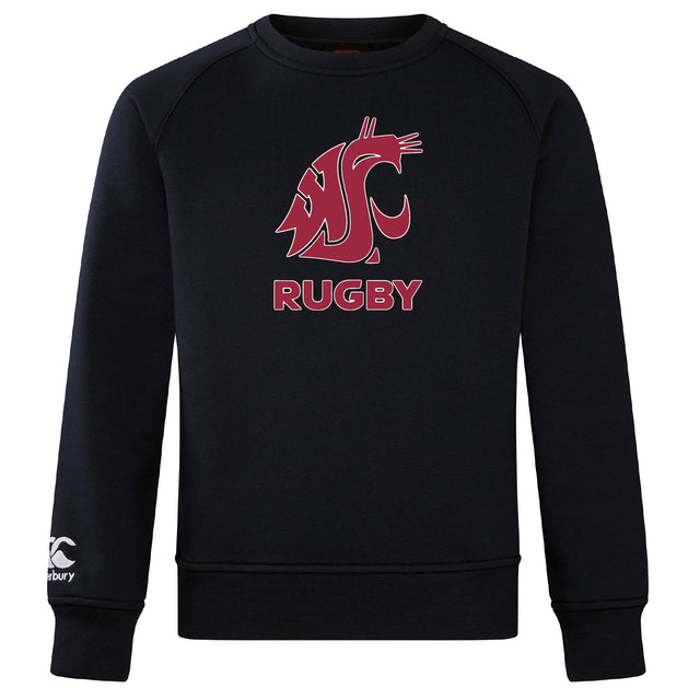The Washington State University Club Crew Sweatshirt by WRS Canterbury is a black ultra-soft sweatshirt with a maroon WSU cougar head logo and "RUGBY" on the chest, plus an embroidered CCC logo on the left sleeve.