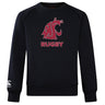 The Washington State University Club Crew Sweatshirt by WRS Canterbury is a black ultra-soft sweatshirt with a maroon WSU cougar head logo and "RUGBY" on the chest, plus an embroidered CCC logo on the left sleeve.