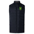 The Riverlands Rugby Women's Elite Microlite Gilet by EMB Canterbury features black quilted insulation, a front zipper, and a green and yellow lion crest on the left chest.