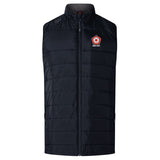 Discover the Roses Rugby Elite Microlite Gilet by Canterbury. This black padded vest features insulated baffles, a high collar, and a zipper closure. It showcases a red and white logo on the chest, offering style and warmth for any weather. From EMB Canterbury.