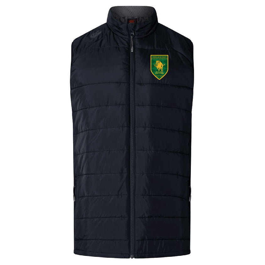 The Riverlands Rugby Elite Microlite Gilet by EMB Canterbury is a black, sleeveless puffer vest with insulated baffles, zip-up front, and a green and yellow lion crest patch on the left chest.