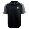 The EMB Canterbury Roses Rugby Elite Polo features short sleeves, a buttoned collar, and a red and white embroidered logo on the chest. It's black and gray, crafted from lightweight, durable Vapodri fabrics for ultimate comfort and style.