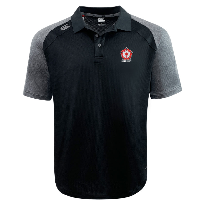 The EMB Canterbury Roses Rugby Elite Polo features short sleeves, a buttoned collar, and a red and white embroidered logo on the chest. It's black and gray, crafted from lightweight, durable Vapodri fabrics for ultimate comfort and style.