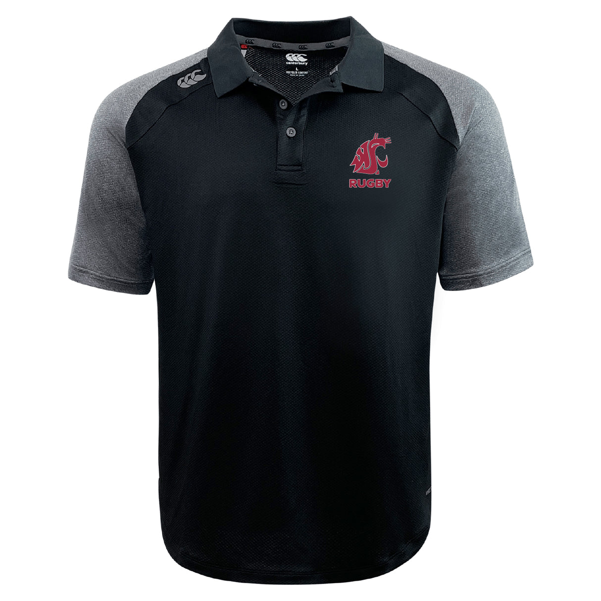 The Washington State University Elite Polo by EMB Canterbury is a black and gray short-sleeve rugby shirt with Vapodri fabric, red WSU Cougars logo, and "RUGBY" text on the left chest.