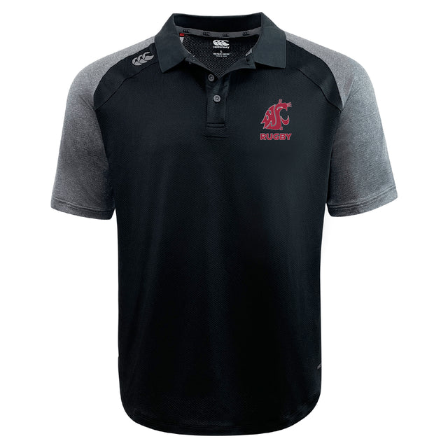 The Washington State University Elite Polo by EMB Canterbury is a black and gray short-sleeve rugby shirt with Vapodri fabric, red WSU Cougars logo, and "RUGBY" text on the left chest.