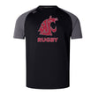 The WRS Canterbury Washington State University Elite Training Tee features black and gray short sleeves, a stylized cougar logo, "RUGBY" in red on the front, and is made from lightweight Vapodri fabric for comfort and performance.