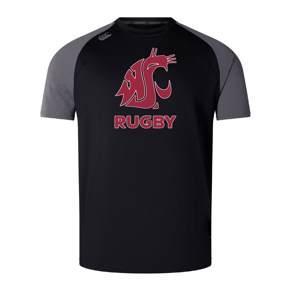 The WRS Canterbury Washington State University Elite Training Tee features black and gray short sleeves, a stylized cougar logo, "RUGBY" in red on the front, and is made from lightweight Vapodri fabric for comfort and performance.
