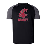 The WRS Canterbury Washington State University Elite Training Tee features black and gray short sleeves, a stylized cougar logo, "RUGBY" in red on the front, and is made from lightweight Vapodri fabric for comfort and performance.