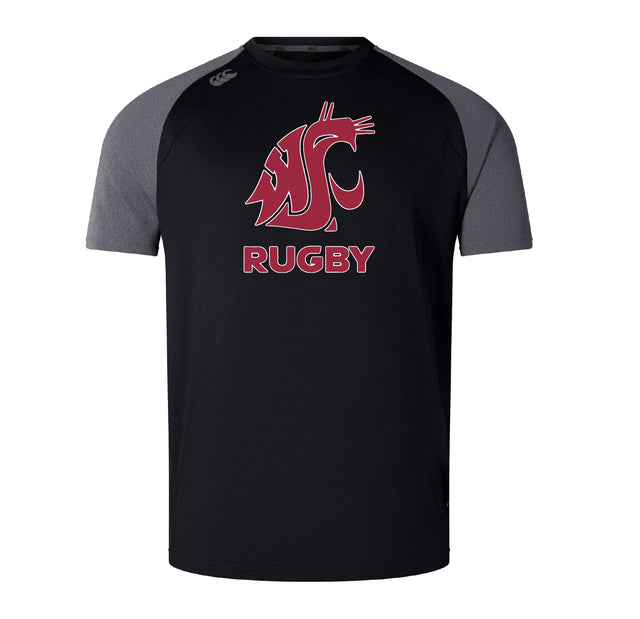 The WRS Canterbury Washington State University Elite Training Tee features black and gray short sleeves, a stylized cougar logo, "RUGBY" in red on the front, and is made from lightweight Vapodri fabric for comfort and performance.