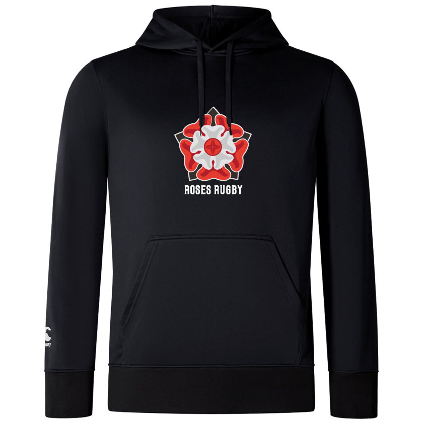 The Roses Rugby Club Lightweight Hoodie by WRS Canterbury features a black design with an embroidered red and white rose emblem and "ROSES RUGBY" text on the front, embodying classic Canterbury style.
